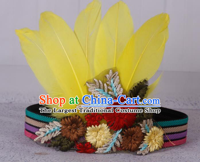 Halloween Catwalks Apache Knight Yellow Feather Hair Accessories Cosplay Primitive Tribe Feather Hat for Adults