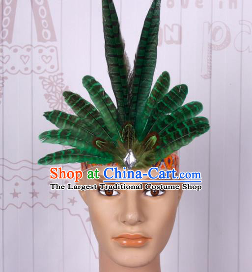 Halloween Catwalks Apache Chief Green Feather Hair Clasp Cosplay Primitive Tribe Feather Hat for Adults