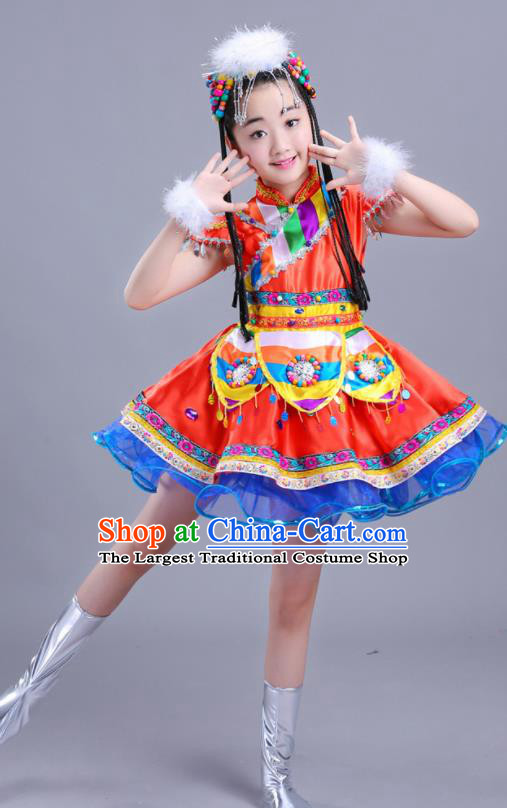 Chinese Traditional Ethnic Costumes Mongolian Nationality Folk Dance Red Dress for Kids