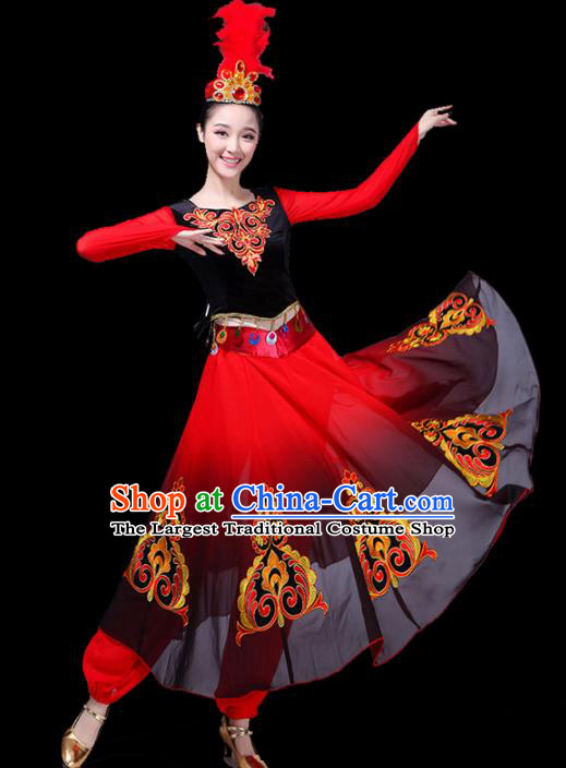 Chinese Traditional Uigurian Ethnic Costumes Uyghur Nationality Folk Dance Red Dress for Women