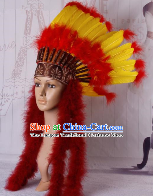 Halloween Catwalks Primitive Tribe Deluxe Feather Headdress Cosplay Apache Knight Feather Hat for Adults