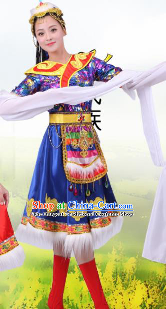 Chinese Traditional Tibetan Ethnic Costumes Zang Nationality Folk Dance Blue Dress for Women