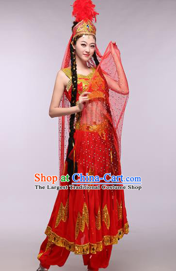 Chinese Traditional Uigurian Ethnic Costumes Uyghur Nationality Folk Dance Red Dress for Women