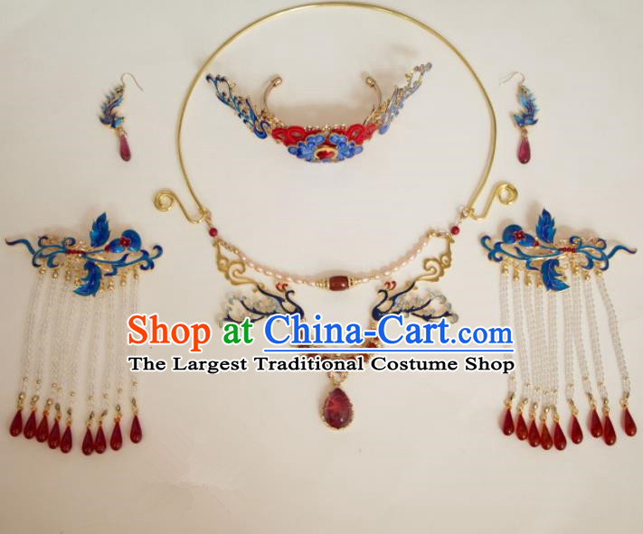 Chinese Traditional Handmade Blueing Hair Accessories Ancient Hairpins Necklace Complete Set for Women