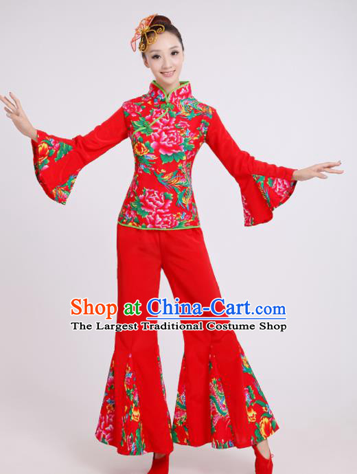 Chinese Traditional Classical Dance Costumes Folk Dance Yanko Fan Dance Red Clothing for Women