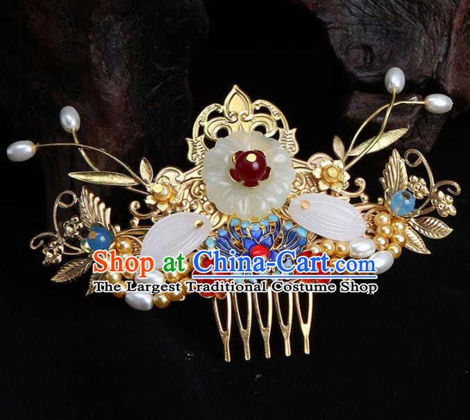 Chinese Traditional Handmade Blueing Lotus Hair Comb Hairpins Ancient Empress Headwear for Women