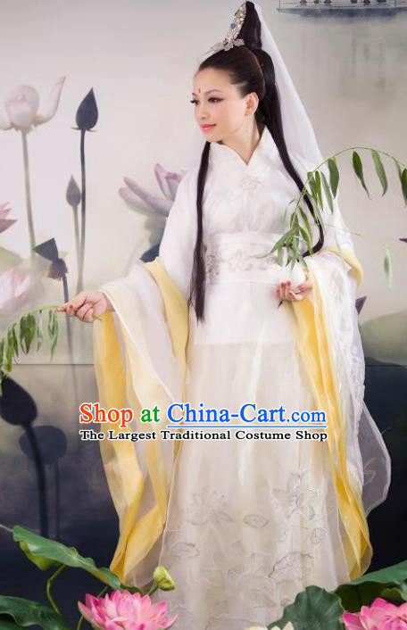 Traditional Chinese Ancient Goddess Matsu Costumes Cosplay Arya Avalokiteshvara Hanfu Dress and Headpiece for Women