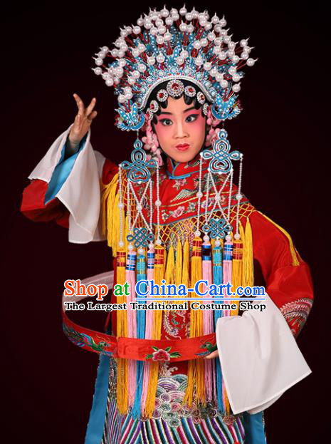 Chinese Traditional Peking Opera Empress Costumes Ancient Queen Red Dress and Headwear for Kids