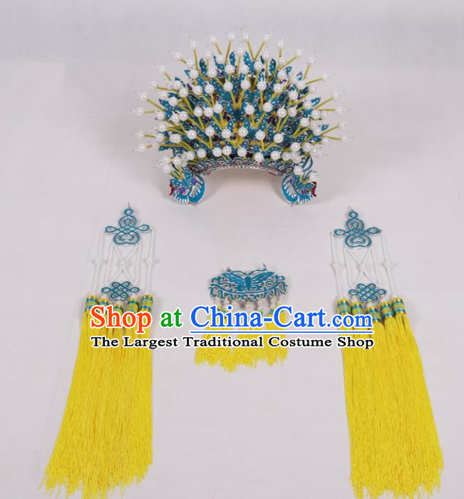 Chinese Traditional Peking Opera Actress Hat Ancient Bride Yellow Tassel Phoenix Coronet for Adults