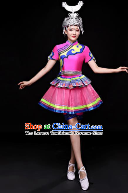 Chinese Traditional Miao Nationality Folk Dance Costume Hmong Minority Dance Rosy Dress for Women