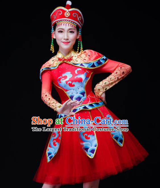 Chinese Traditional Mongol Nationality Folk Dance Costume Mongolian Minority Drum Dance Short Dress for Women