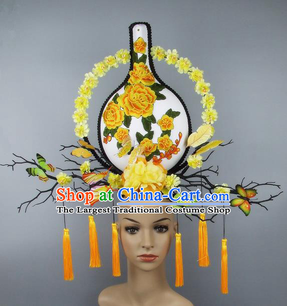 Handmade Halloween Yellow Peony Vase Hair Accessories Chinese Stage Performance Hair Clasp Headdress for Women