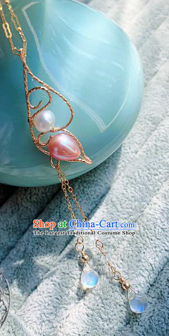 Chinese Traditional Handmade Wedding Necklace Ancient Hanfu Pink Pearl Necklet for Women