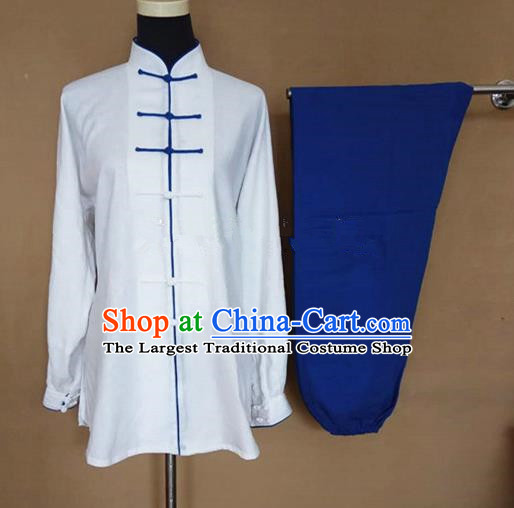 Chinese Traditional Martial Arts Linen Costumes Tai Chi Tai Ji Training White Shirt and Blue Pants for Adults