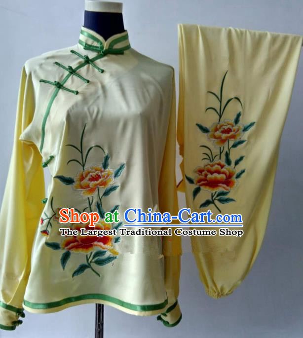 Chinese Traditional Kung Fu Martial Arts Embroidered Peony Yellow Costumes Tai Chi Training Clothing for Women