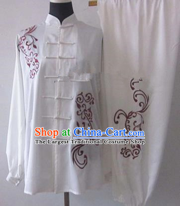 Chinese Traditional Martial Arts White Costumes Tai Chi Kung Fu Training Embroidered Clothing for Adults