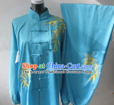 Chinese Traditional Kung Fu Embroidered Blue Silk Costumes Martial Arts Tai Chi Training Clothing for Women