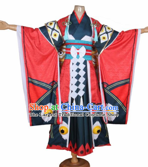 Asian Japanese Traditional Cosplay Yokime Costumes Ancient Red Furisode Kimono Yukata Clothing for Women