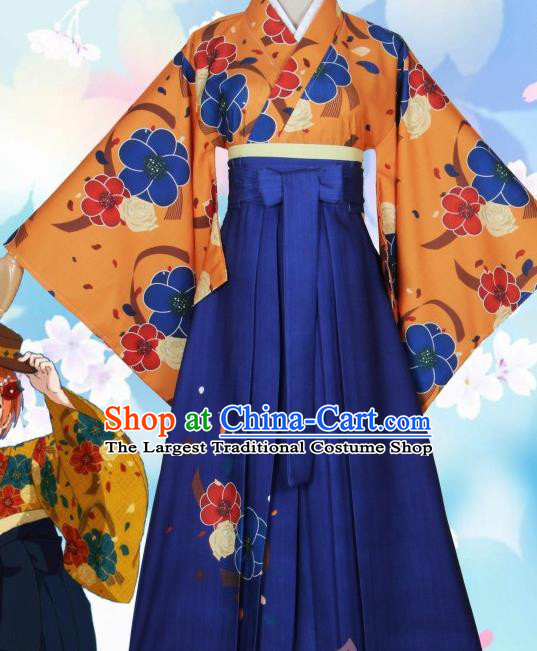 Asian Japanese Traditional Orange Furisode Kimono Cosplay Geisha Costumes Ancient Yukata Clothing for Women