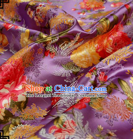 Asian Chinese Traditional Tang Suit Fabric Purple Brocade Silk Material Classical Peony Chrysanthemum Pattern Design Drapery