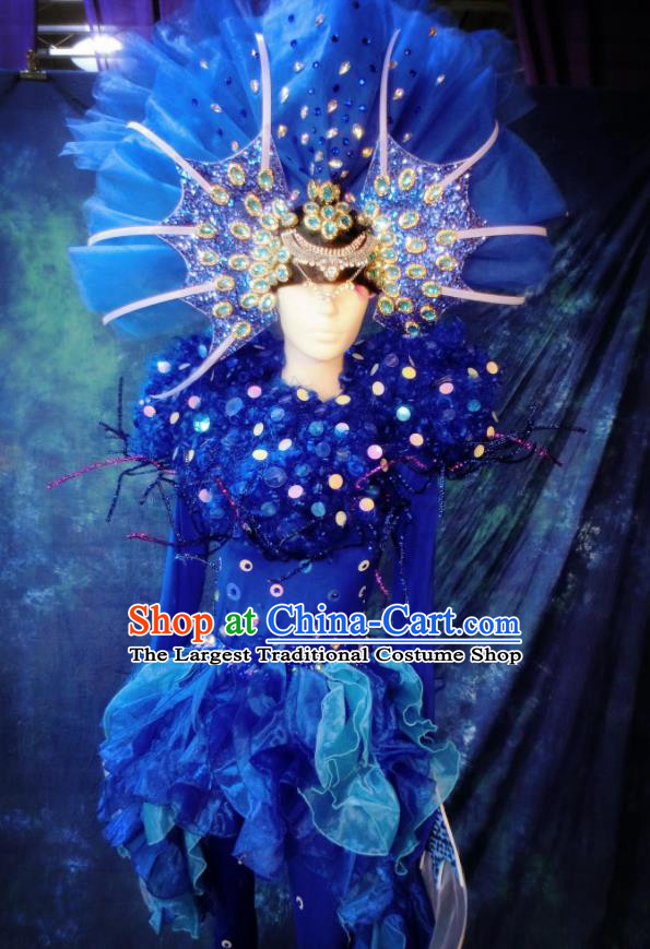 Top Grade Stage Performance Costumes Sea World Cosplay Blue Clothing and Headdress for Women