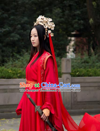 Chinese Traditional Wedding Costumes Ancient Swordswoman Bride Embroidered Hanfu Dress and Headpiece for Women