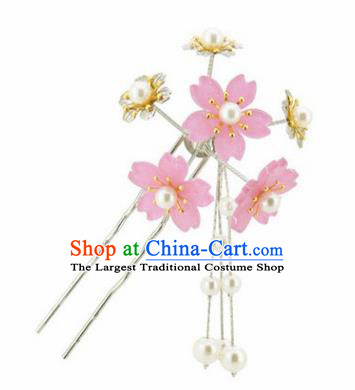 Japanese Traditional Kimono Hair Accessories Ancient Yukata Light Pink Cherry Blossom Tassel Hairpins for Women