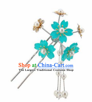 Japanese Traditional Kimono Hair Accessories Ancient Yukata Lake Blue Cherry Blossom Tassel Hairpins for Women