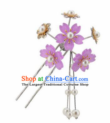 Japanese Traditional Kimono Hair Accessories Ancient Yukata Lilac Cherry Blossom Tassel Hairpins for Women