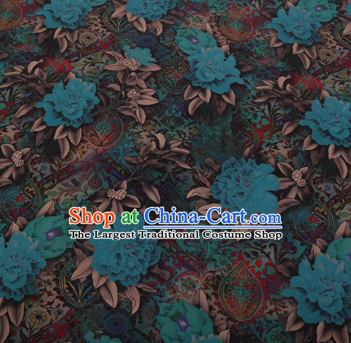 Chinese Traditional Cheongsam Crepe Satin Plain Palace Blue Peony Pattern Silk Fabric Chinese Fabric Asian Material