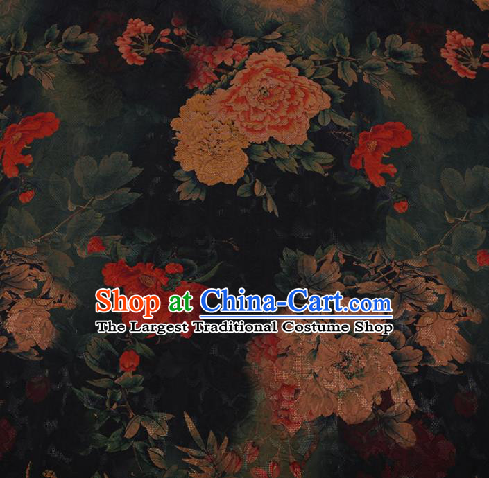 Chinese Traditional Cheongsam Black Crepe Satin Plain Palace Peony Pattern Silk Fabric Chinese Fabric Asian Material