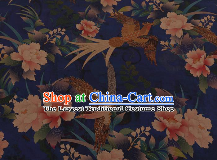 Chinese Traditional Cheongsam Silk Fabric Palace Phoenix Peony Pattern Blue Satin Plain Gambiered Guangdong Gauze