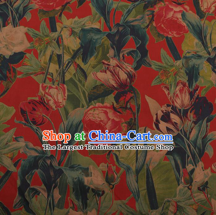 Chinese Traditional Cheongsam Silk Fabric Palace Tulipa Pattern Red Satin Plain Gambiered Guangdong Gauze