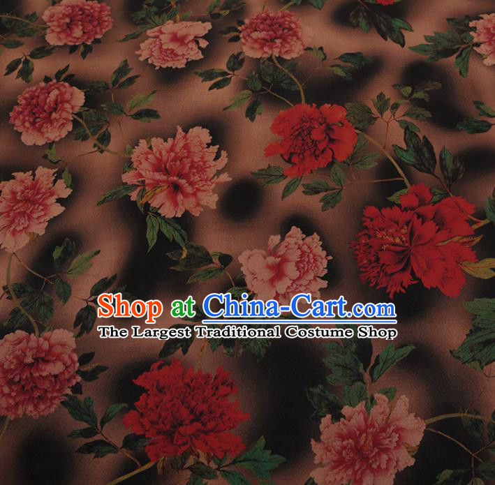 Chinese Traditional Cheongsam Brown Silk Fabric Palace Peony Pattern Jacquard Satin Plain Gambiered Guangdong Gauze