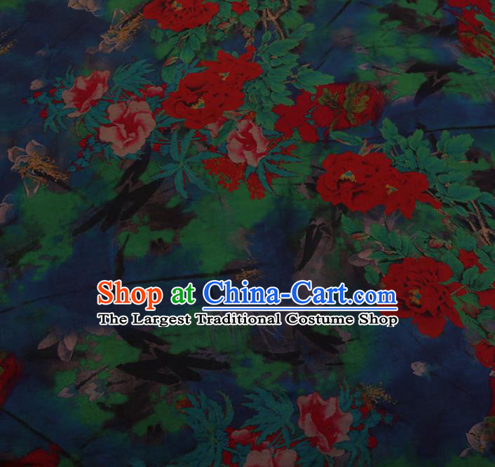 Chinese Traditional Cheongsam Blue Silk Fabric Palace Peony Pattern Jacquard Satin Plain Gambiered Guangdong Gauze