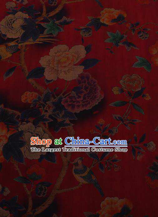 Chinese Traditional Cheongsam Drapery Red Silk Fabric Palace Peony Pattern Satin Plain Gambiered Guangdong Gauze