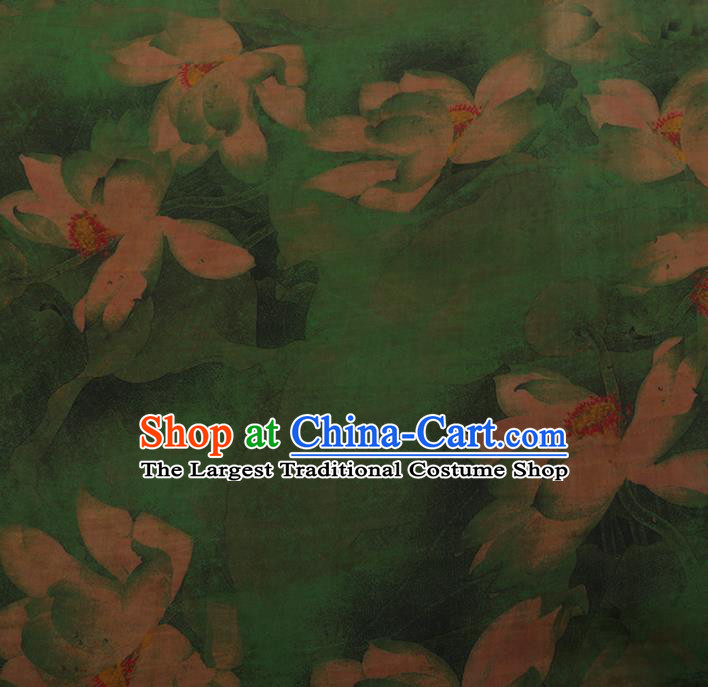 Chinese Classical Green Satin Plain Cheongsam Drapery Silk Fabric Traditional Lotus Pattern Gambiered Guangdong Gauze