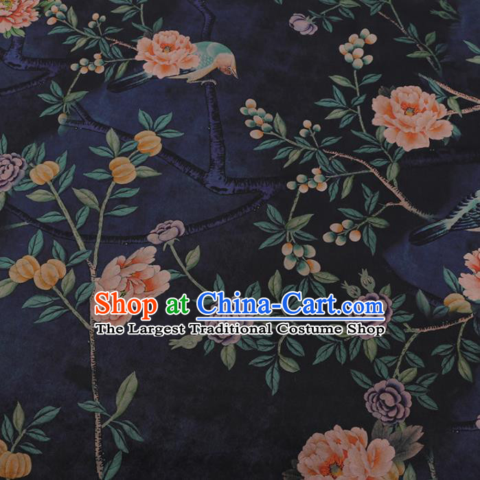 Chinese Classical Navy Satin Plain Cheongsam Drapery Silk Fabric Traditional Pattern Gambiered Guangdong Gauze