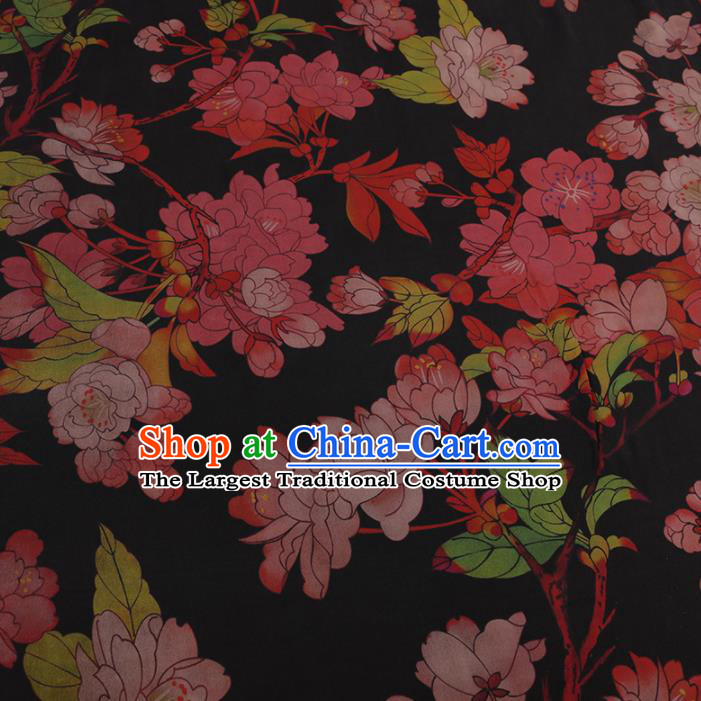 Chinese Classical Black Satin Plain Traditional Peach Blossom Pattern Cheongsam Drapery Silk Fabric Gambiered Guangdong Gauze