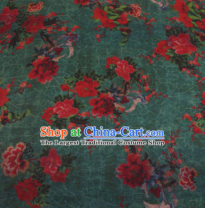 Chinese Classical Green Satin Plain Traditional Peony Pattern Cheongsam Drapery Silk Fabric Gambiered Guangdong Gauze