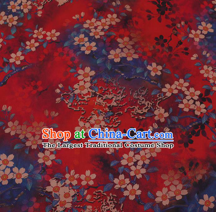 Chinese Classical Red Satin Plain Traditional Sakura Pattern Cheongsam Drapery Silk Fabric Gambiered Guangdong Gauze