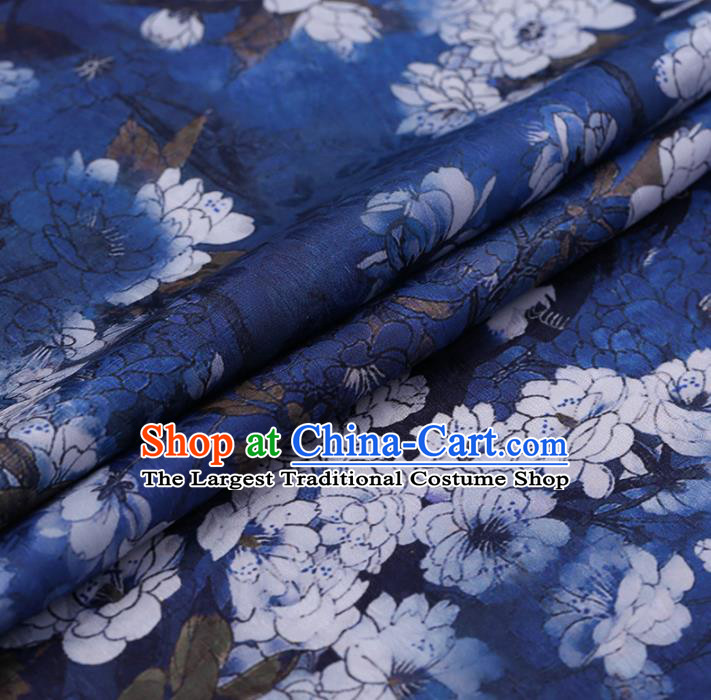 Chinese Classical Blue Silk Fabric Traditional Pear Flowers Pattern Satin Plain Cheongsam Drapery Gambiered Guangdong Gauze