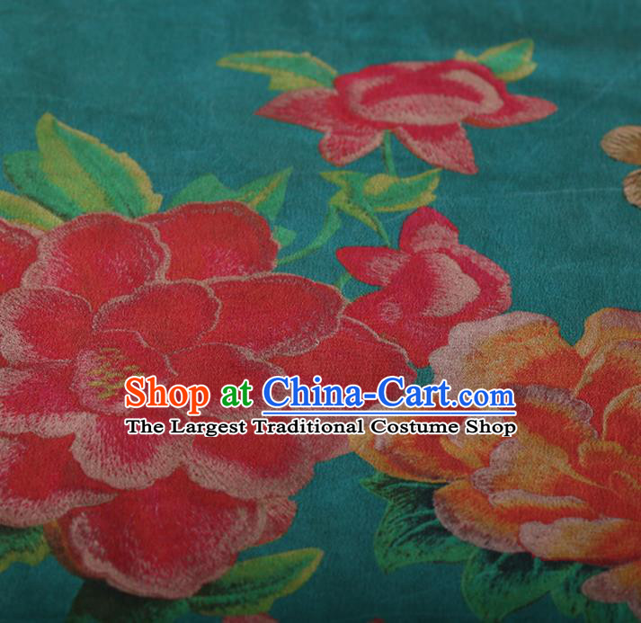 Chinese Traditional Silk Fabric Classical Peony Pattern Green Satin Plain Cheongsam Drapery Gambiered Guangdong Gauze