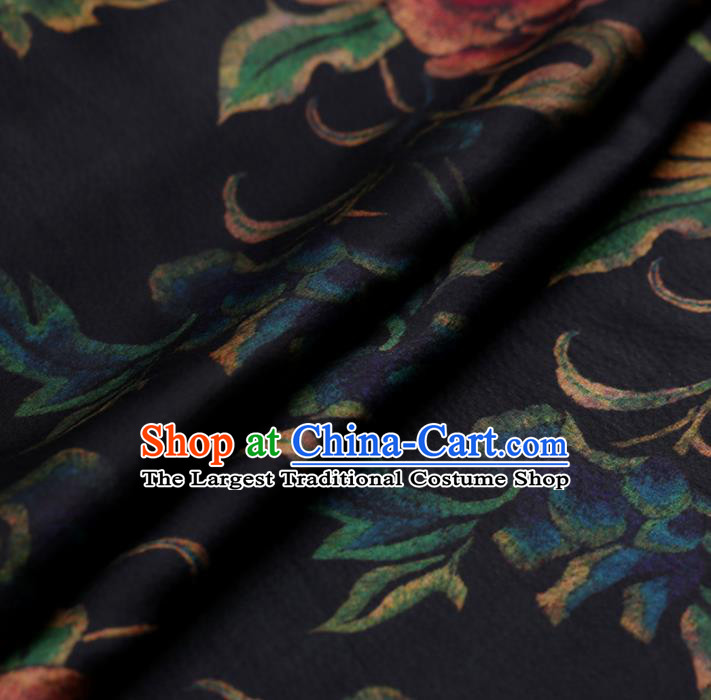 Chinese Traditional Silk Fabric Classical Peony Pattern Navy Satin Plain Cheongsam Drapery Gambiered Guangdong Gauze