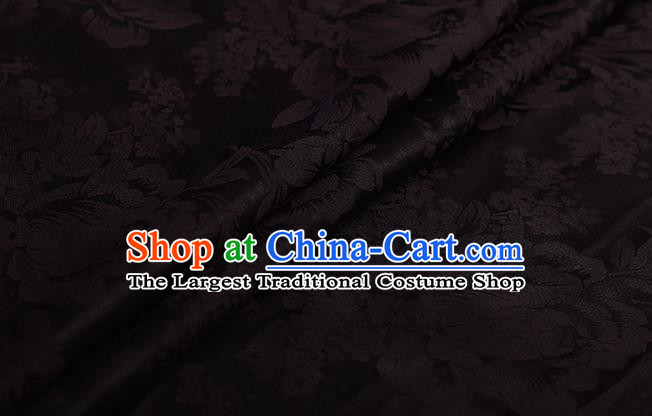 Chinese Classical Black Silk Fabric Traditional Peony Pattern Satin Plain Cheongsam Drapery Gambiered Guangdong Gauze