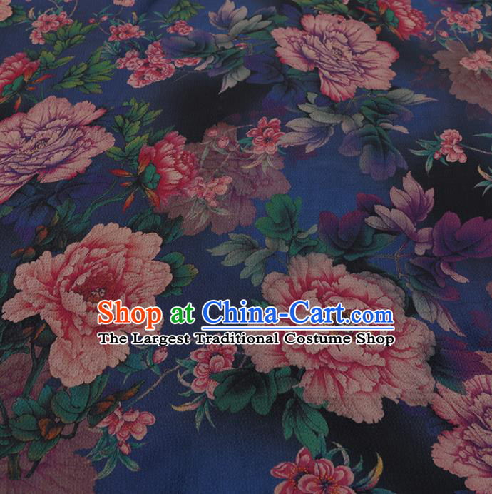 Chinese Classical Blue Silk Fabric Traditional Peony Pattern Satin Plain Cheongsam Drapery Gambiered Guangdong Gauze