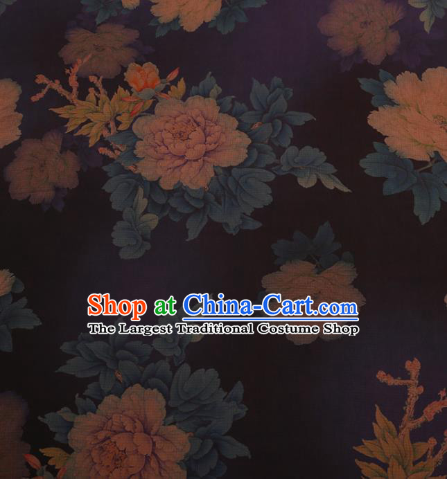 Chinese Classical Navy Silk Fabric Satin Plain Traditional Peony Pattern Cheongsam Drapery Gambiered Guangdong Gauze