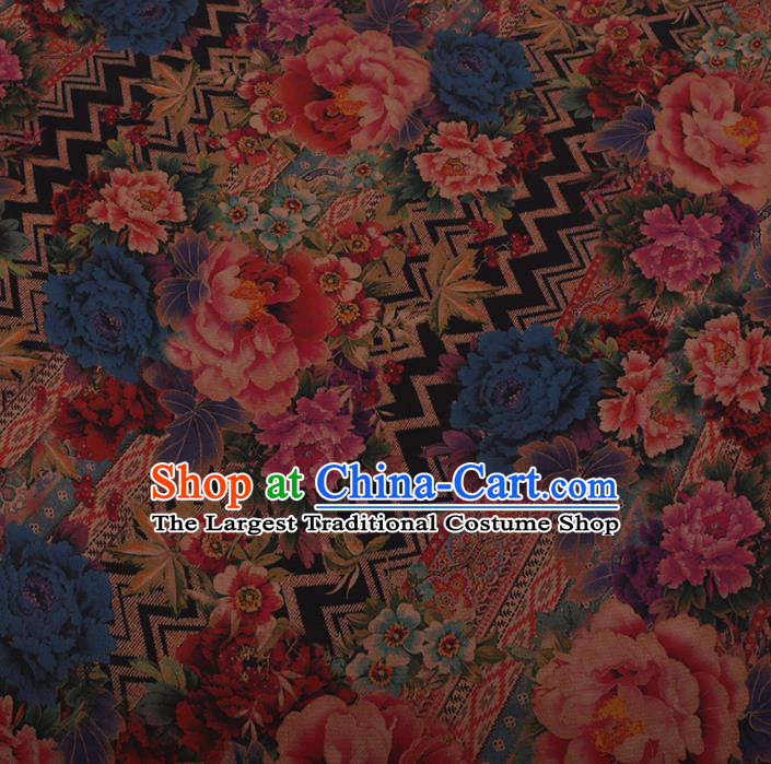 Chinese Traditional Silk Fabric Classical Colorful Peony Pattern Satin Plain Cheongsam Drapery Gambiered Guangdong Gauze