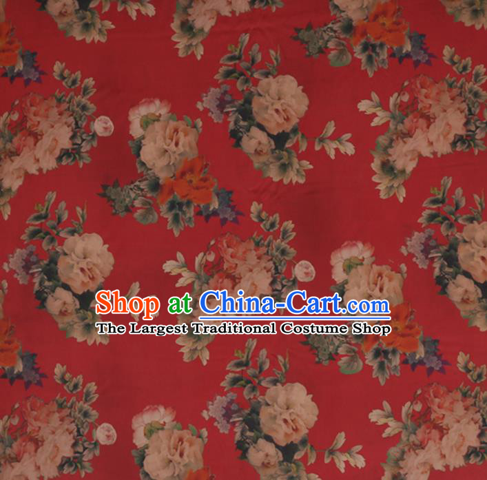 Chinese Traditional Silk Fabric Classical Peony Pattern Red Satin Plain Cheongsam Drapery Gambiered Guangdong Gauze