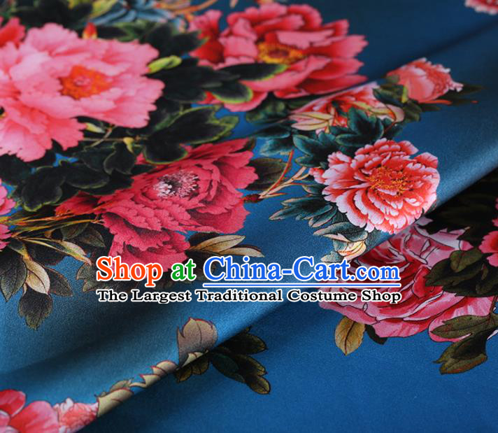 Chinese Traditional Silk Fabric Classical Peony Pattern Lake Blue Satin Plain Cheongsam Drapery Gambiered Guangdong Gauze